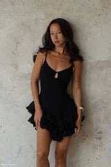 Calantha Ruffle Mesh Mini Dress - Black