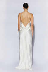 Kailey Low Back Maxi Dress With Detachable Bow Train - White