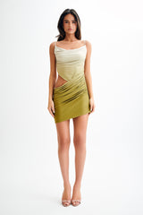 Nellie Cowl Draped Slinky Mini Dress - Ombre Vintage Olive