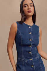 Jane Button Down Denim Mini Dress - Dark Blue