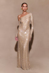 Marcia Diamante Long Sleeve Maxi Dress - Nude