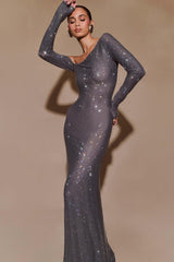 Marcia Diamante Long Sleeve Maxi Dress - Gunmetal