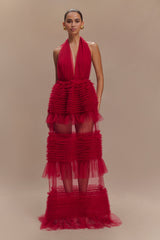 Minka Mesh Ruffle Halter Maxi Dress - Red