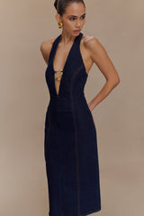 Shauna Denim Halter Midi Dress - Indigo Blue