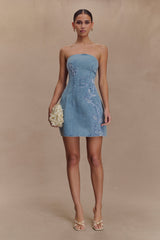 Akira Embroidered Denim Mini Dress - Mid Blue
