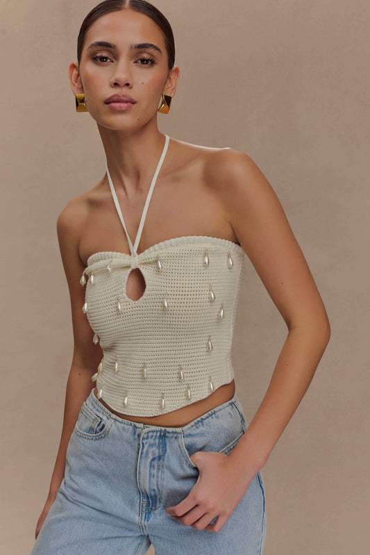 Aletta Knit Pearl Halter Top - Ivory