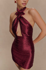 Nylah Beaded Halter Mini Dress - Burgundy