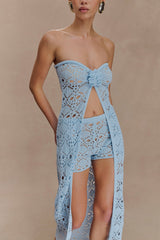 Aeline Strapless Crochet Knit Top - Sky Blue