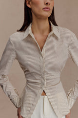 Millie Tie Back Cotton Shirt - Beige Pinstripe
