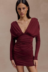 Hayden Long Sleeve Plunge Mini Dress - Burgundy