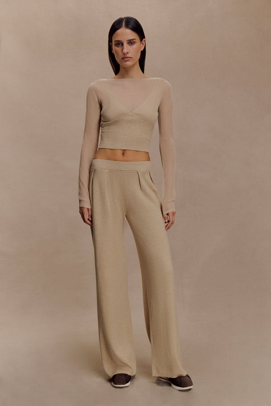 Frannie Gathered Silk Blend Knit Pants - Sand