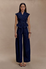 Charley Structured Tie Denim Top - Indigo Blue