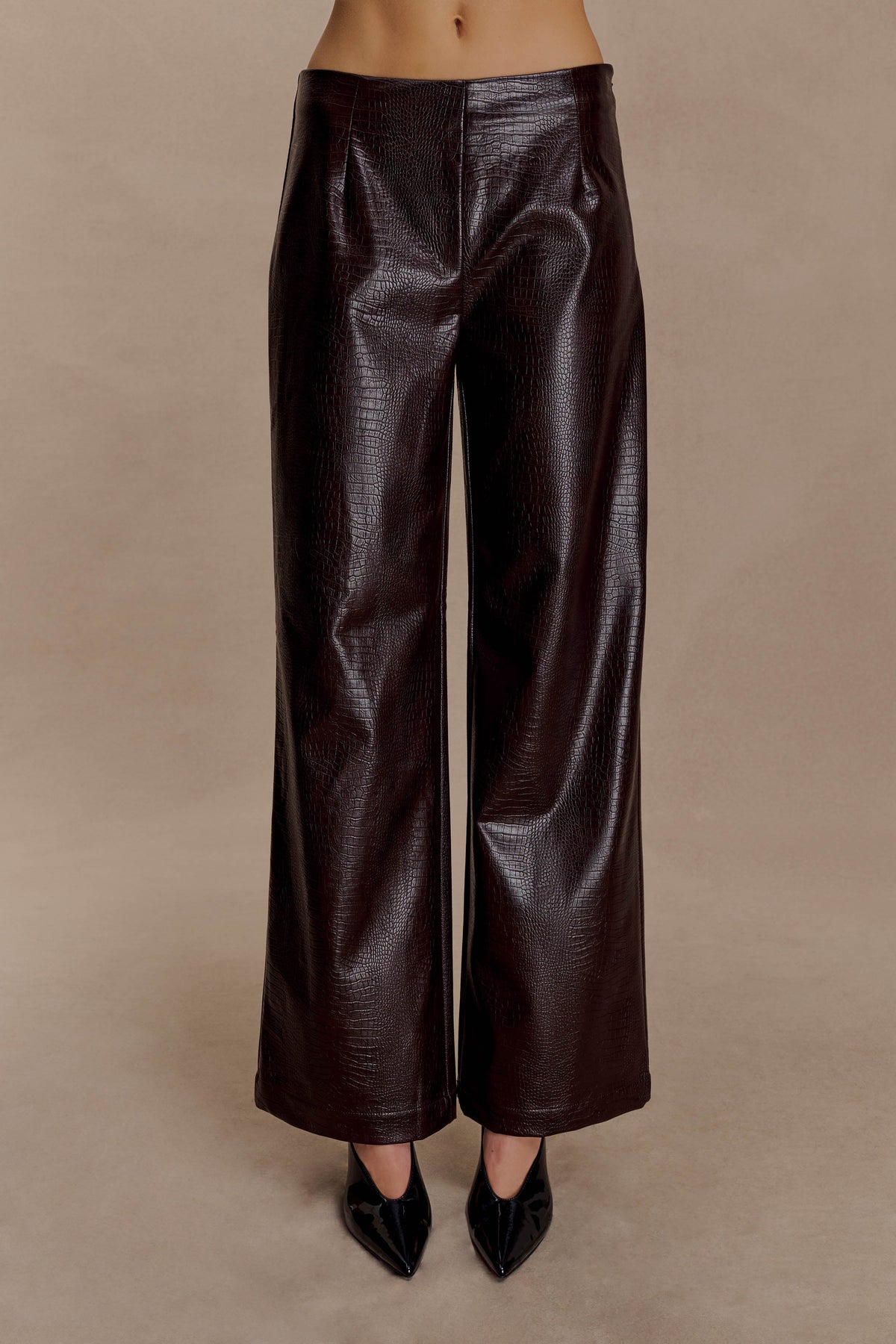 Henry Croc Faux Leather Straight Leg Pants - Dark Chocolate