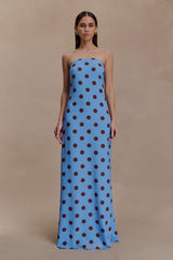 Amaya Strapless Chiffon Maxi Dress - Blue Polka Dot