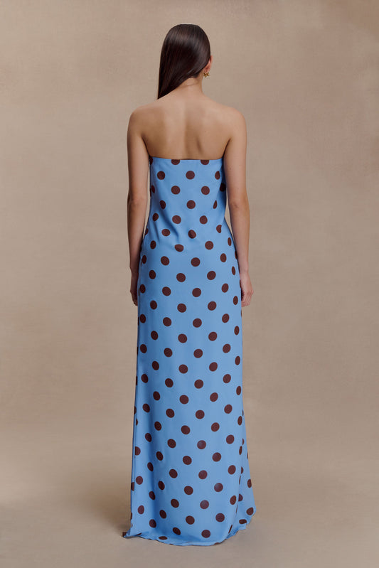 Amaya Strapless Chiffon Maxi Dress - Blue Polka Dot