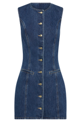 Jane Button Down Denim Mini Dress - Dark Blue