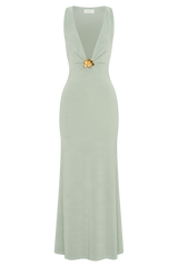 Beck Plunge Maxi Dress With Floral Hardware - Basil