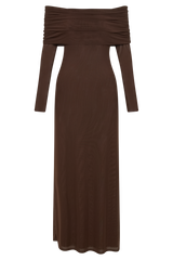 Josie Off Shoulder Mesh Maxi Dress - Dark Brown