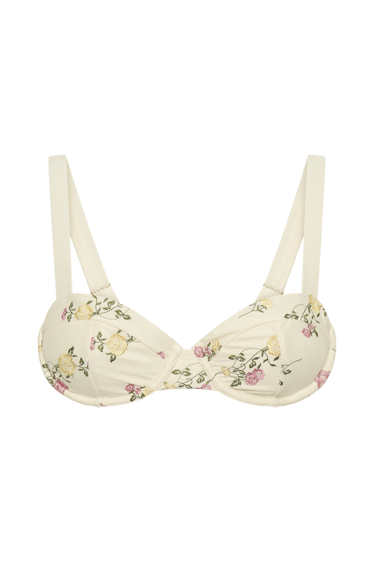 Lou Embroidered Bikini Top - Ivory Flower Print