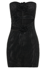 Korinna Strapless Rose Diamante Mini Dress - Black