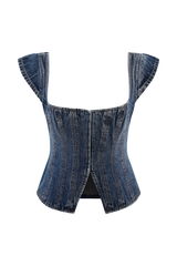 Loretta Cap Sleeve Denim Top - Washed Dark Blue