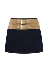 Miranda Faux Suede Belted Denim Mini Skirt - Indigo Blue